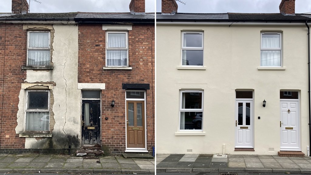 Before and after comparison showing a Portsmouth terraced house with structural defects and after professional remedial repairs