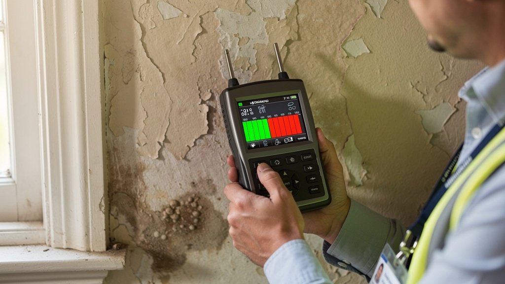 Surveyor using a damp meter on a Victorian plaster wall in Portsmouth to check moisture levels