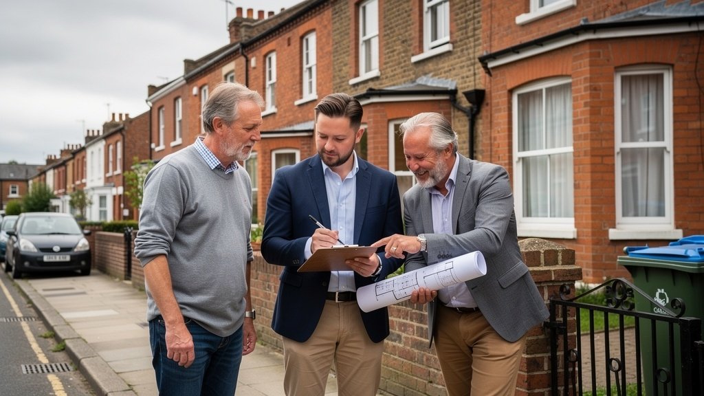 Party wall surveyor discussing building plans with neighbours outside a British terraced house