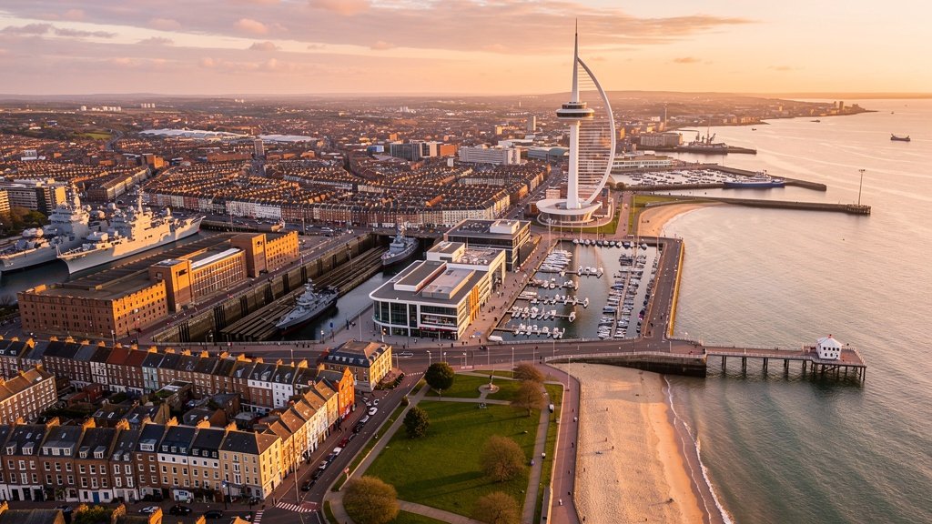 Aerial view of Portsmouth UK showing Spinnaker Tower, Gunwharf Quays and Victorian housing